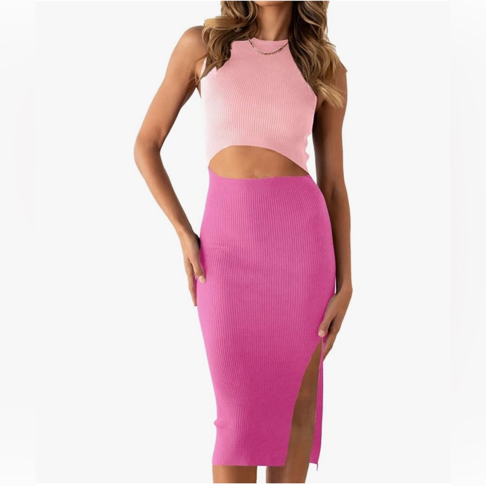 Pink Queen Women's Cutout Crew Neck Sleeveless Tank Slit Ribbed Dress Small